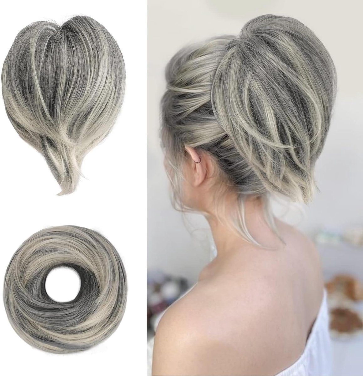 Provento - Synthetisch Haarstukje voor Vrouwen - Korte Paardenstaart Knot - Elastische Bun - Donker Grijs & Wit.