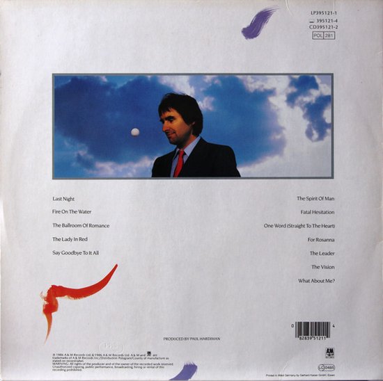 Albumhoes met Chris de Burgh in pak, rode stropdas, tegen een lucht van wolken. Lijst met nummers.