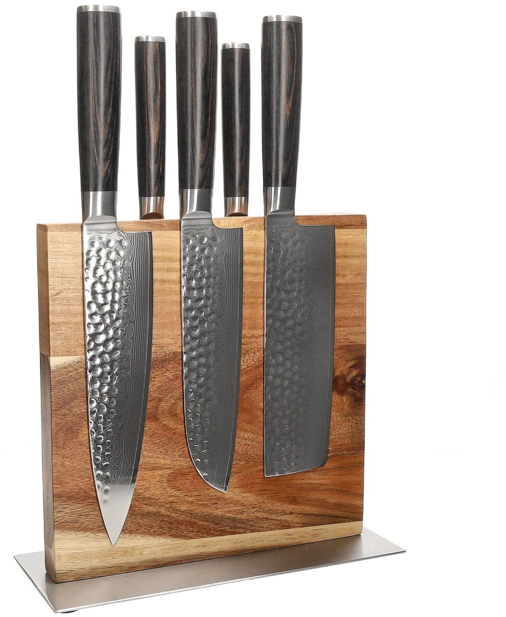 Shinrai Knives - Hammered Damast BR 5-delige Messenset + Messenblok Cito dubbelzijdig