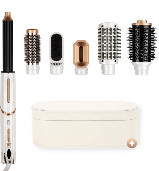 Witte en gouden 7-in-1 airstyler set met 5 opzetstukken, föhn en luxe opbergcase.