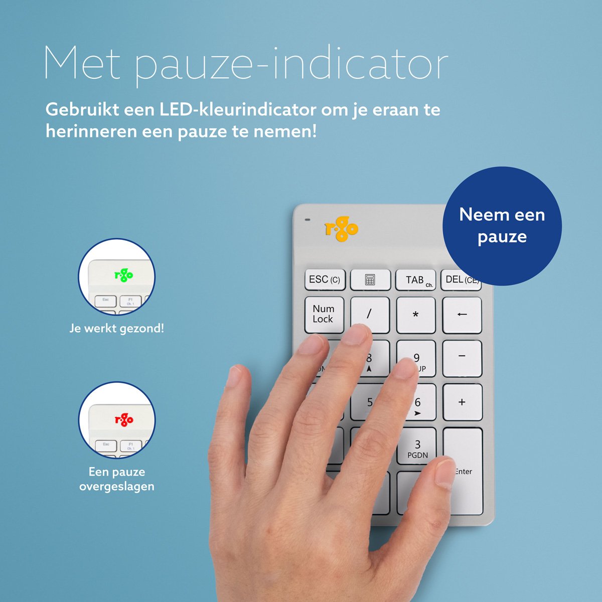 R-Go Numpad - Ergonomisch numeriek toetsenbord - Break software - Bluetooth - Wit thumbnail 6