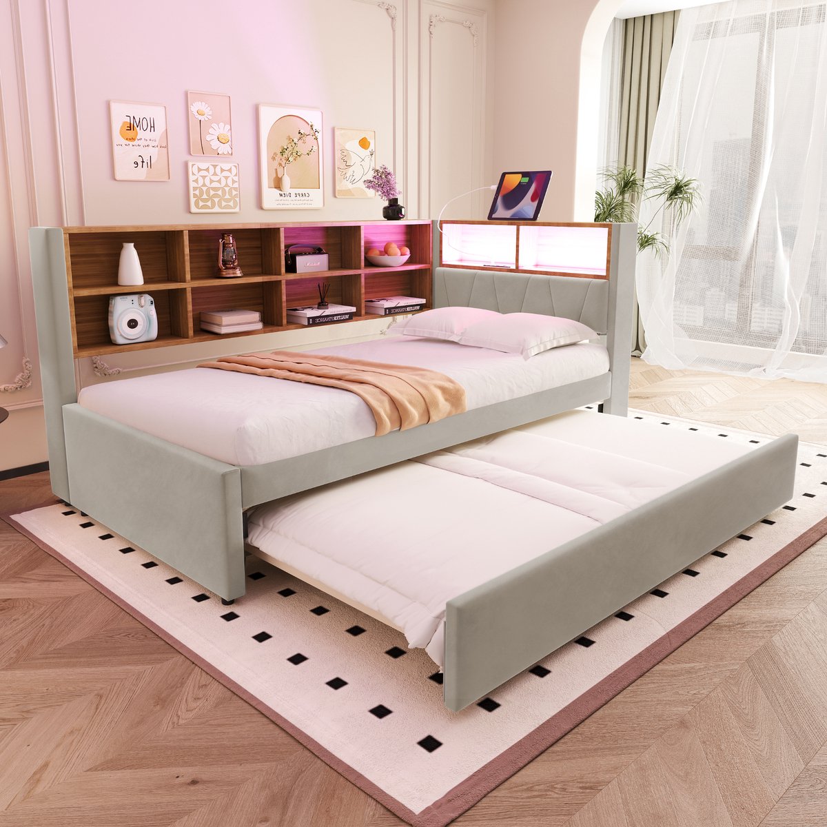 REDOM Slaapbank 90 x 200 cm met uitschuifbed 90 x 190 cm, lichtgrijs flanel, met LED, USB-C & opbergruimte