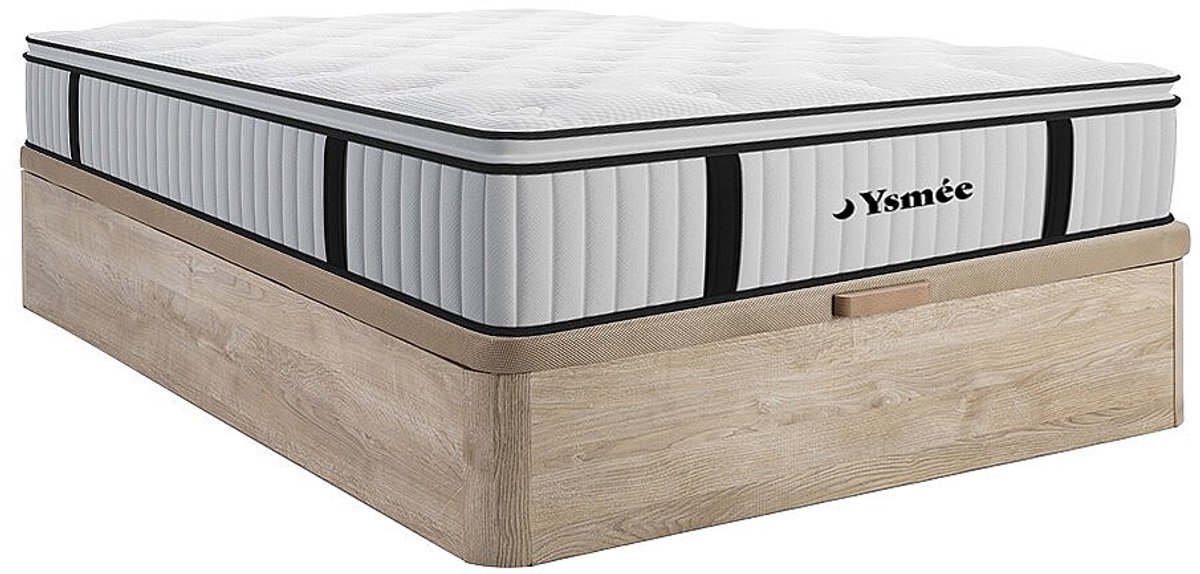 Vente-unique Set 140 x 200 cm bedbodem met opbergruimte, licht naturel + matras met pocketveren met ingebouwd dekmatras van 28 cm dik - AMERICAN DREAM van YSMÉE