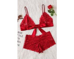 La Nuita Rode Kanten Bh Set Dames - Bralette met Grote Satijnen Strik en Korte Slip - Tweedelige Lingerie Set (S t/m XL)