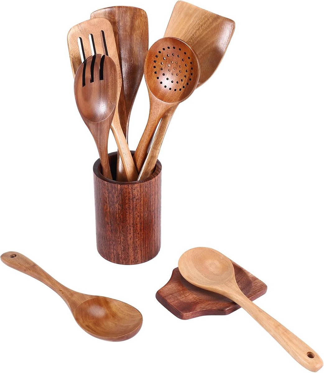 Set van 9 houten lepels in teakhout met houder voor het koken