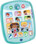 Interactieve dokterstablet met afbeeldingen van kinderen en medische instrumenten.
