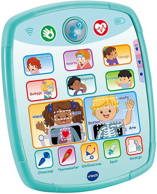 Interactieve dokterstablet met afbeeldingen van kinderen en medische instrumenten.