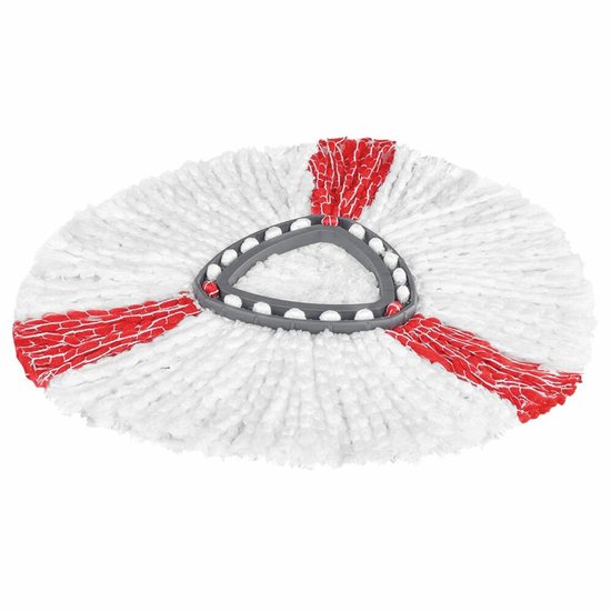 Recharge ronde mop spin Vileda Turbo Extra avec brins en microfibre blancs et accents rouges.