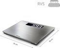 Zilverkleurige weegschaal met digitaal display '593'. Afmetingen 35 x 30 cm. Met RVS en anti-slip iconen.
