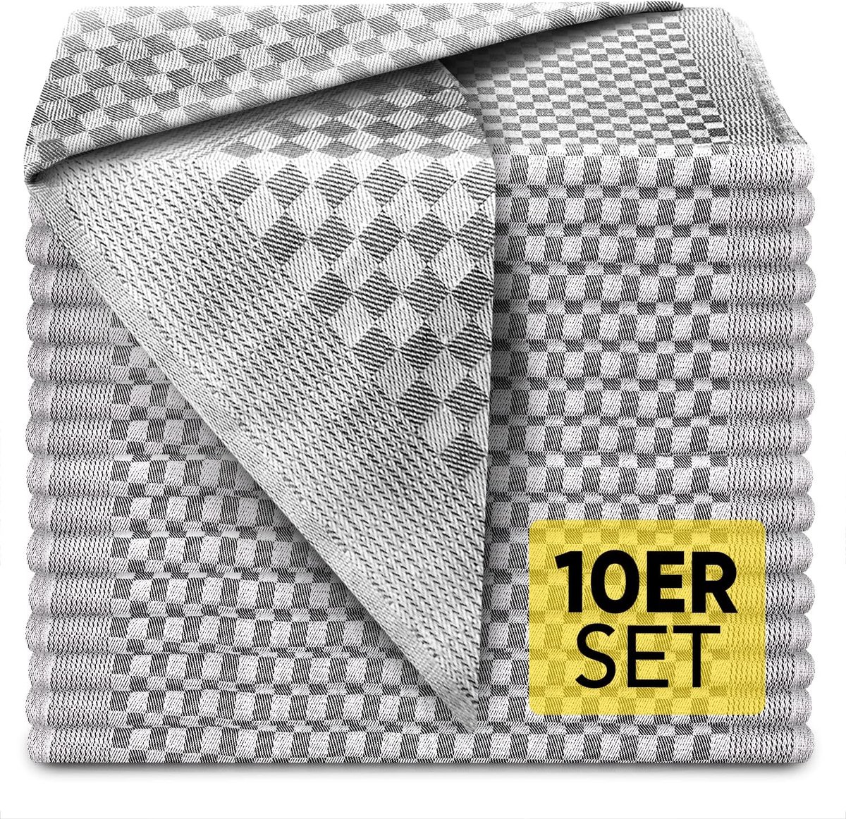 Famanu - Set van 10 grijs-wit geruite katoenen theedoeken 70x50 cm, premium kwaliteit
