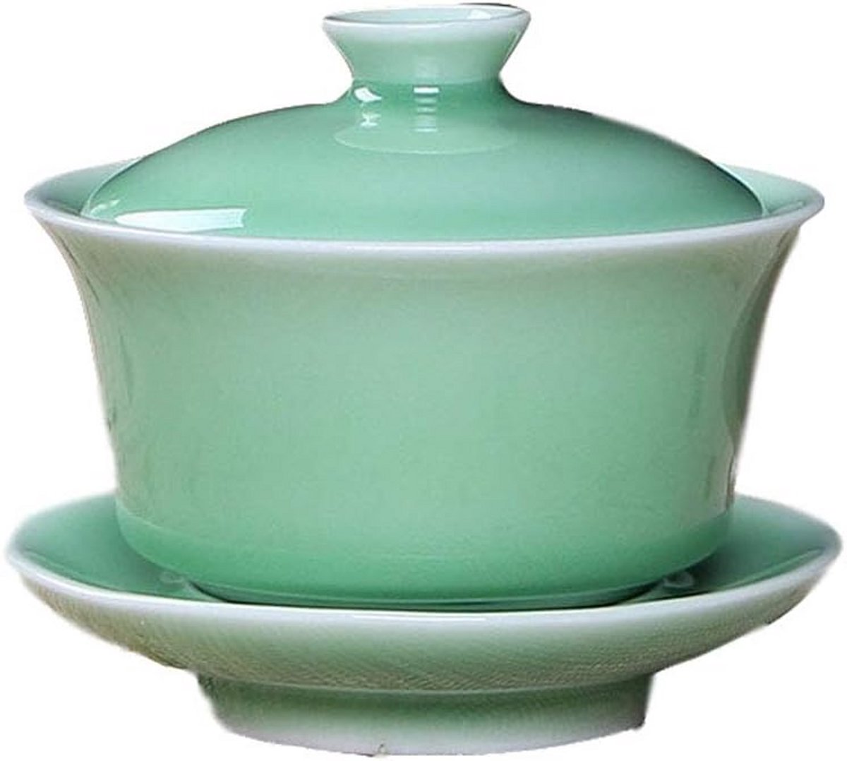 Celadon theebeker met deksel en bodemplaat, groen porselein