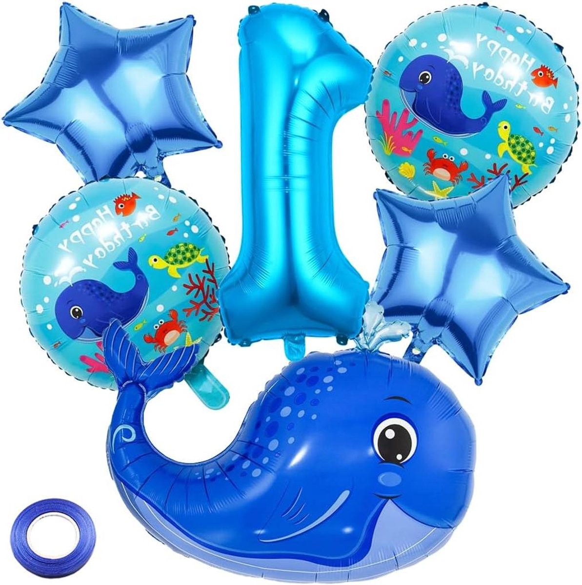 Ronte - Verjaardagsdecoratie zeedieren voor 1e verjaardag - Blauwe walvis folieballon - Nummer 1 ballon voor jongens meisjes - Thema feestdecoratie met ballonnen