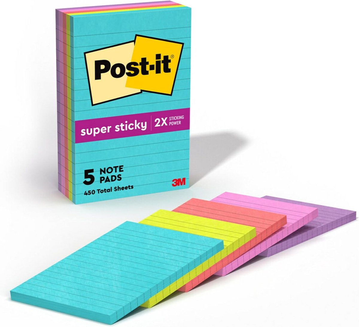 Post-it Super Sticky Notities, 10,2 x 15,2 cm, 5 Blokken, Grote Vellen, Neonkleuren