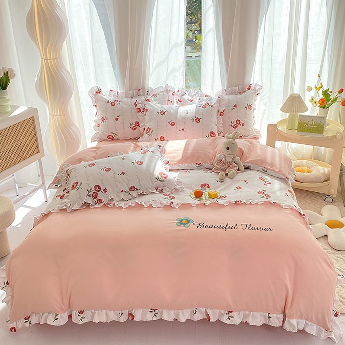 Ibenzoa Romantisch en elegant beddengoed met bloemenpatroon en kussensloop Roze