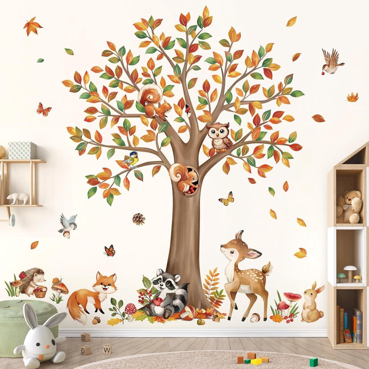 Ronte - Muurstickers voor Bos Dieren in de Herfst, Grote Boom Decor met Herten, Wasbeer en Uil voor Baby Kwekerij, Kinderen Slaapkamer en Woonkamer (75+ karakters)