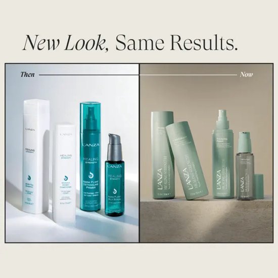 Vergelijking van L'ANZA Healing Strength productverpakkingen uit het 'verleden' en 'heden'.