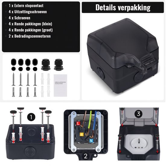 Verpakking van de zwarte buitenwandcontactdoos met de inhoud en installatiestappen.