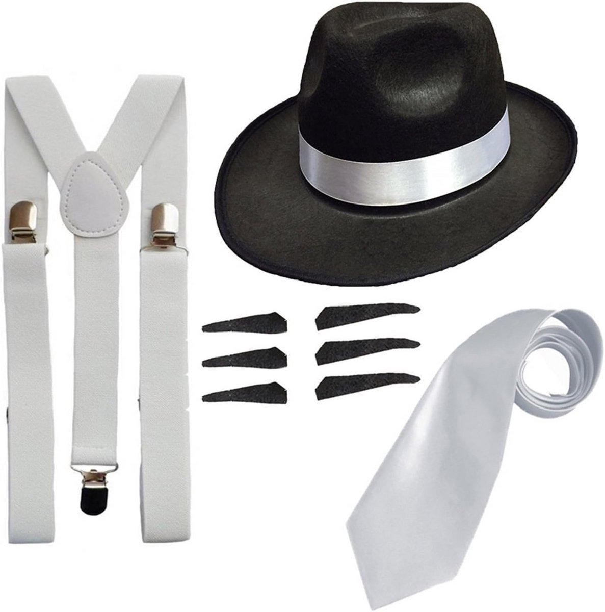 Gangster Outfit Set Jaren 1920 met Trilby Hoed, Bretels en Stropdas - Zwart/Wit