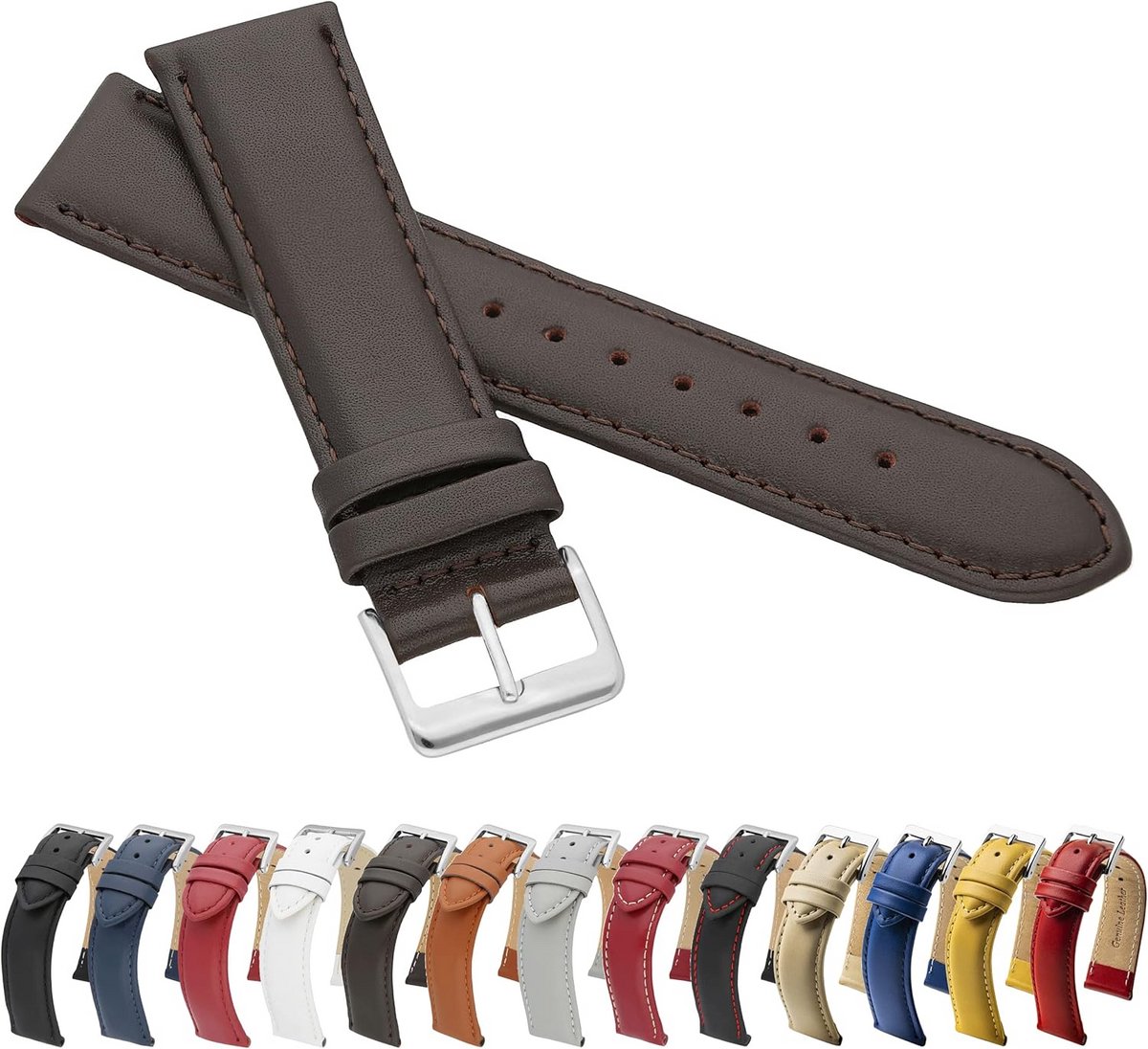 Echte Leren Horlogeband 19 mm - Glad Fijn Rundleer Bruin 19 cm