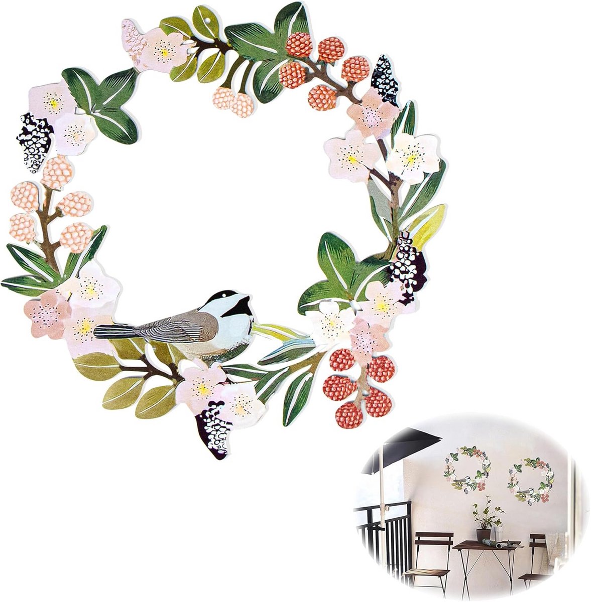 Metalen Wanddecoratie met Bloemen en Vogels in Landelijke Stijl – Decoratief Wandpaneel voor Slaapkamer en Woonkamer – 30 x 30 cm