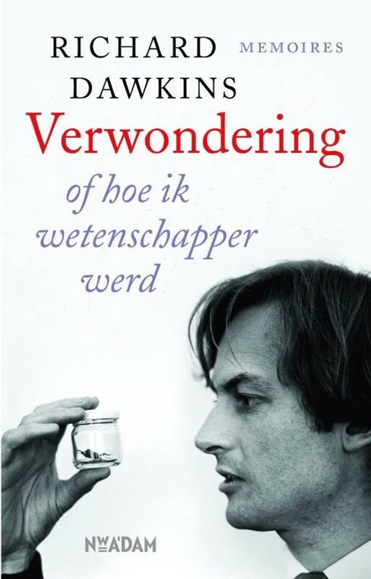 Boekomslag met een zwart-witfoto van Richard Dawkins die een potje vasthoudt. De titel 'Verwondering' staat in rood en paars.