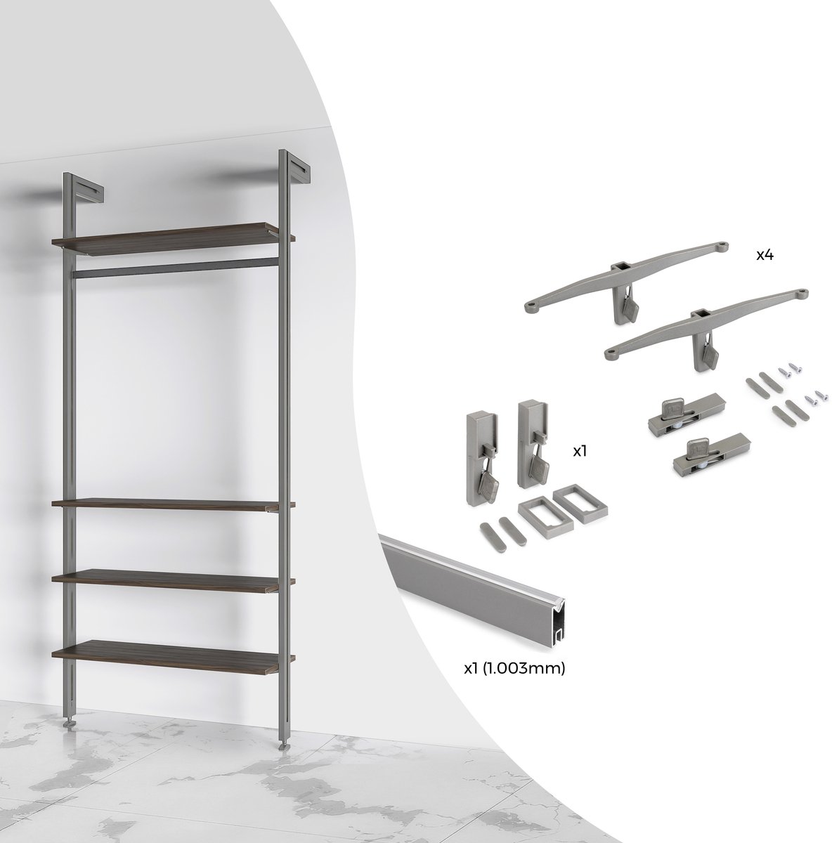 Emuca Beugelset voor 4 houten planken en 1 hangstang van 1m lang Zero, Aluminium en Zamak en Plastic