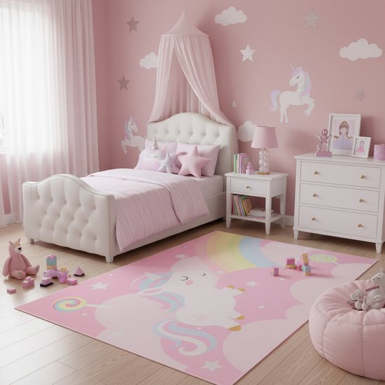 Tapiso Joy Licorne Tapis de Sol pour Chambre d'Enfant Rose Coloré Arc-en-Ciel Tapis de Jeu pour Filles Poil Ras Tapis Enfant - 80x150