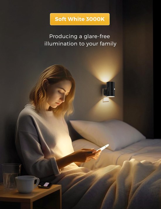 Zwarte Oplaadbare Nachtlamp met Sensor - Moderne Wandopgehangen Dimbare Warme Licht, 0-100LM Oogvriendelijke Lamp voor Gang, Slaapkamer & Trappen van SOAIY — afbeelding 5