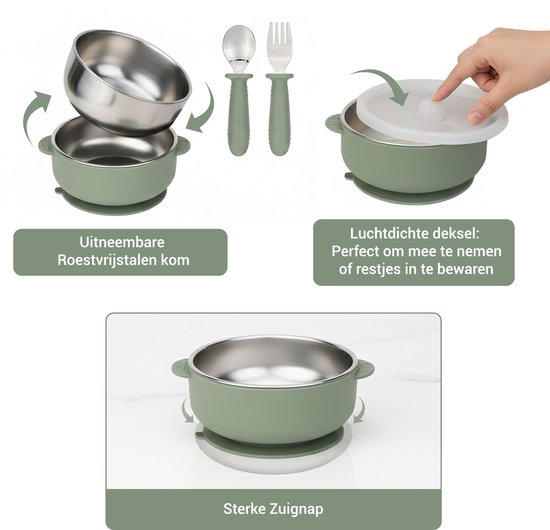 BIMOU 11-delige baby eetset - kinderservies set RVS & siliconen BPA-vrij - bord, bestek, drinkbeker & slab - duurzaam kraamcadeau - vanaf 6 maanden van BIMOU — afbeelding 3