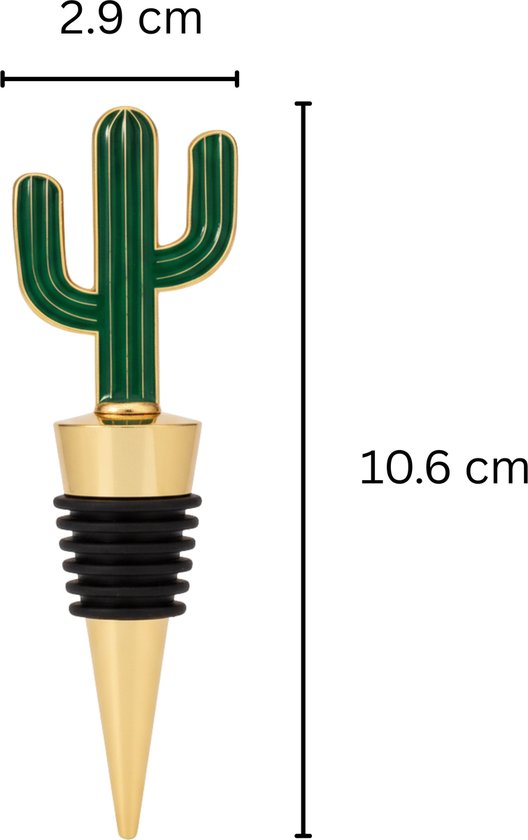 Gouden wijnstopper met groene cactusvorm van 10.6 cm hoog en 2.9 cm breed.
