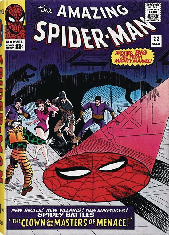 De cover van The Amazing Spider-Man nr. 22 met Spider-Man's masker in een schijnwerper. Spidey vecht tegen 'The Clown and Masters of Menace'.