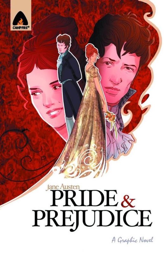 Jane Austen's Pride and Prejudice graphic novel met twee centrale personages op de voorgrond.
