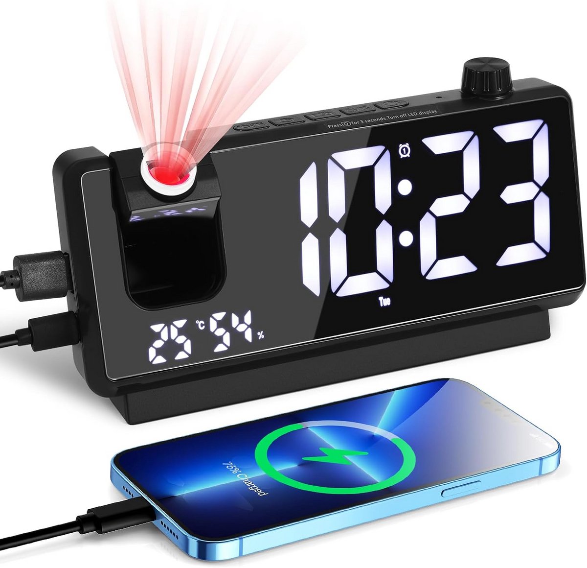Digitale Projectie Wekker met Groot LED Display en Dubbel Alarm