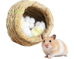 Hamster Nest - Hamster Schuilplaats - Vogelnest - Hamsterhuis - Suikereekhoorn Huis - Geweven Gras Huis - Geen Wattenbollen Inbegrepen - 11*12cm - Geschikt voor Papegaaien, Hamsters, Syrische Hamsters, Suikereekhoorns - Houtkleur