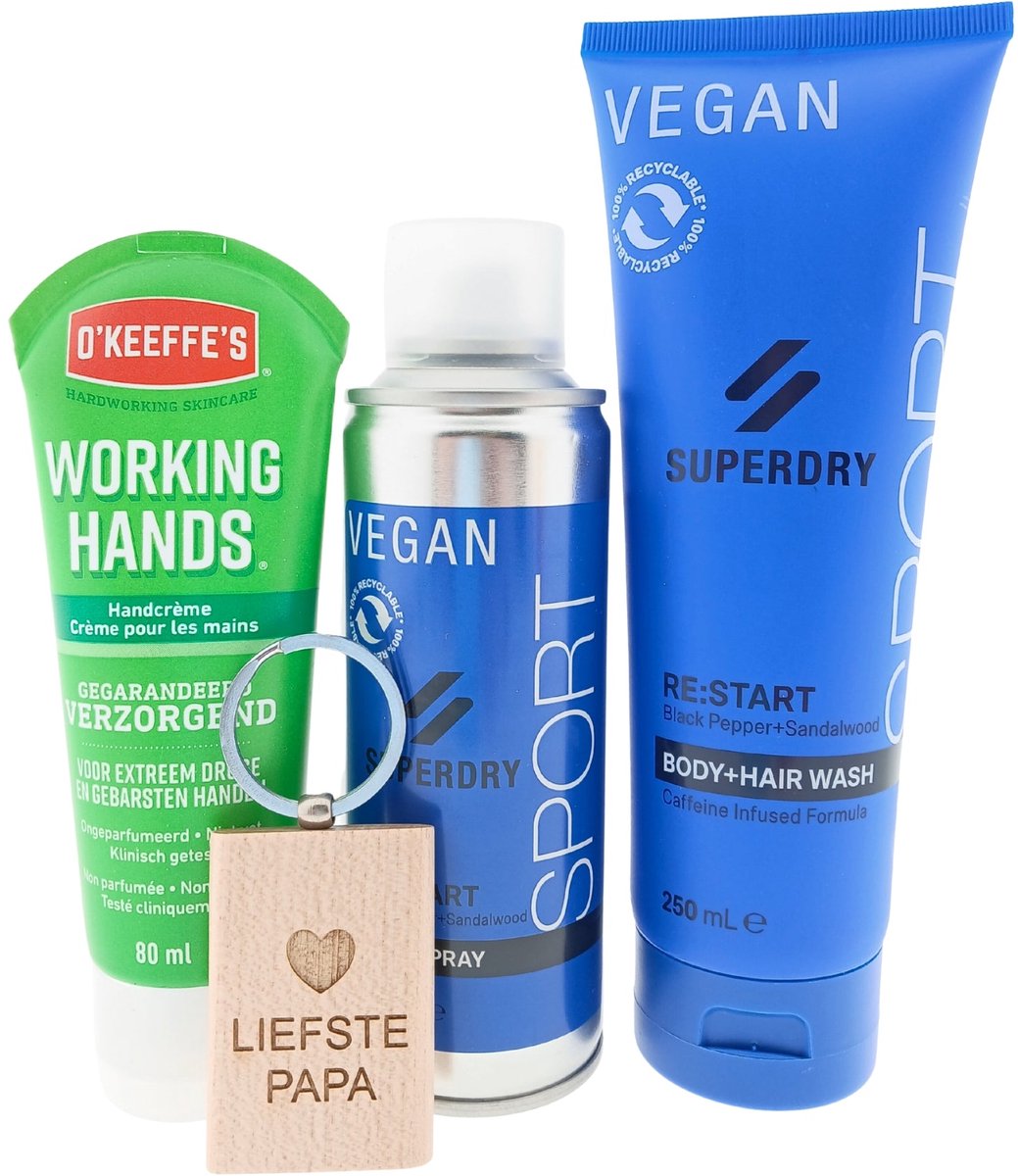 Superdry Sport Re:Start Heren Cadeauset – Bodyspray & Hair & Body Wash met O’Keeffe’s Working Hands Tube & Sleutelhanger “Liefste Papa” – Cadeau voor Mannen