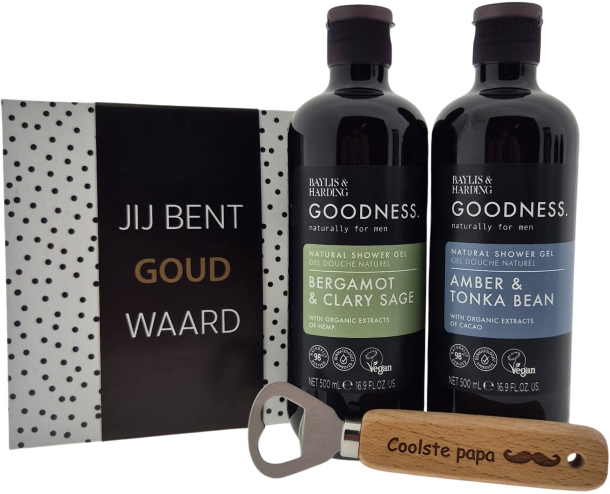 Baylis & Harding Men Douche Cadeauset – 2x Shower Gel met Puff, Chocoladewens & Bieropener “Coolste Papa” – Vaderdagcadeau voor Mannen