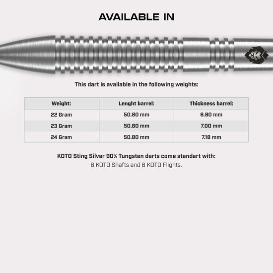 KOTO - Sting Silver Tapered - 90% Tungsten - Dartpijlen - 24 Gram - Zilver - Steeldarts van KOTO — afbeelding 2
