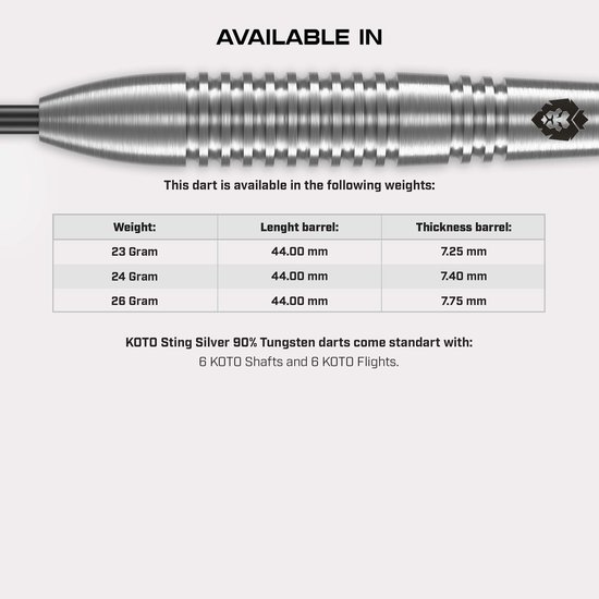KOTO - Sting Silver Bomb - 90% Tungsten - Dartpijlen - 23 Gram - Zilver - Steeldarts van KOTO — afbeelding 3