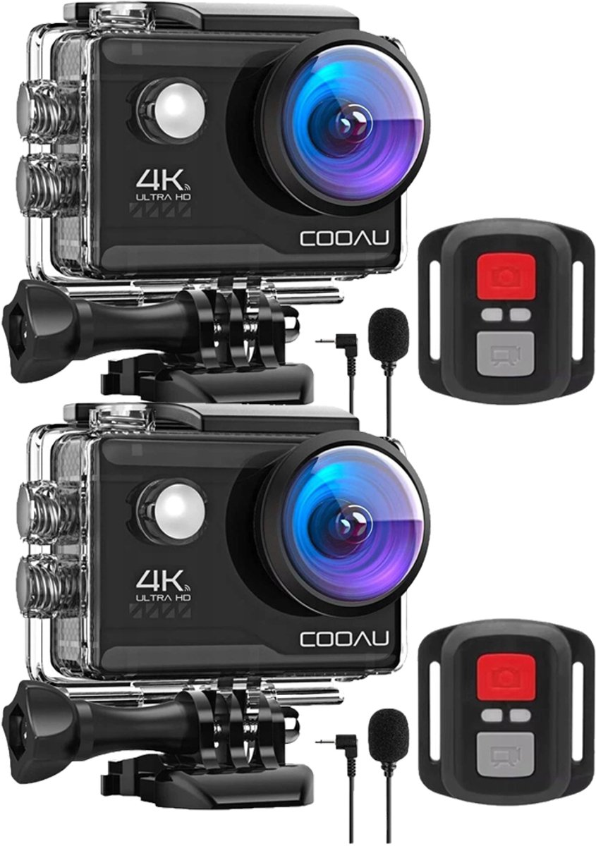 Action Camera 4K - 20MP / 30FPS / WiFi / 40M Waterdicht - Actiecamera - Onderwatercamera - Externe Microfoon - Inclusief Accessoires - Gratis App - Onderwatercamera - Beeldstabilisatie EIS - Lader - Afstandsbediening - 2 Stuks