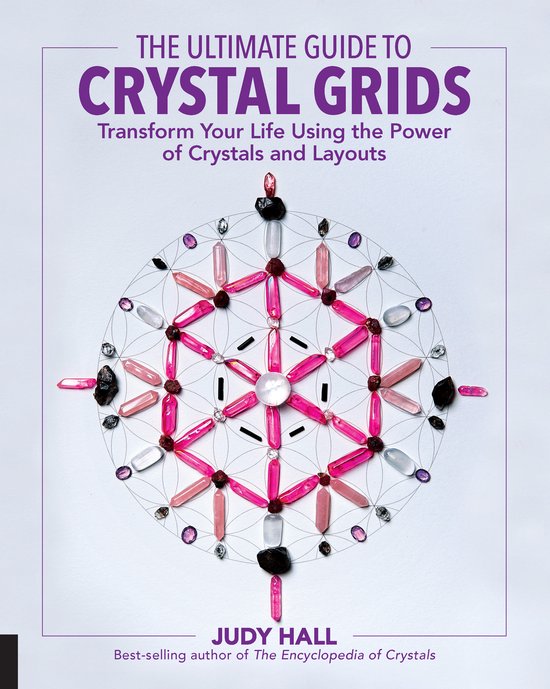 De ultieme gids voor kristalroosters, met een mandala van roze en witte kristallen op een witte achtergrond. "THE ULTIMATE GUIDE TO CRYSTAL GRIDS" in paarse letters.