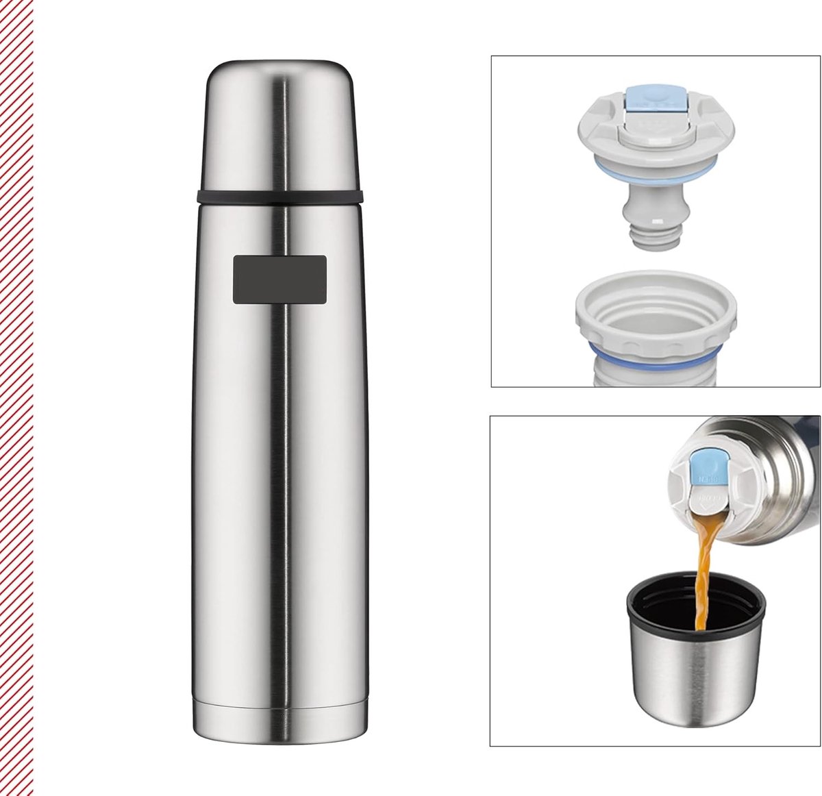 Famanu - Light & Compact Thermosfles, 1.0 L, Roestvrij Staal, Vaatwasserbestendig, 24 uur Warm en Koud, Zilver