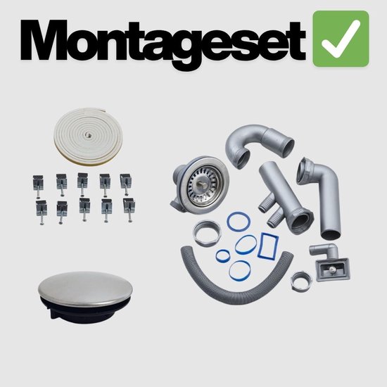 Montageset voor een spoelbak met diverse onderdelen, inclusief sifon en bevestigingsclips.