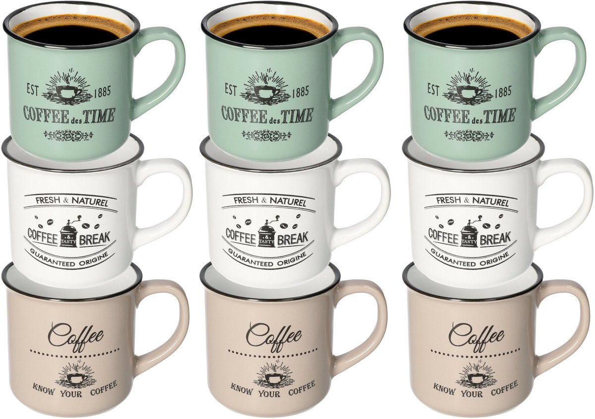 Excellent Houseware Koffiemok Cosy - set van 9x - groen / beige / wit - 330 ml - mokken - keramiek