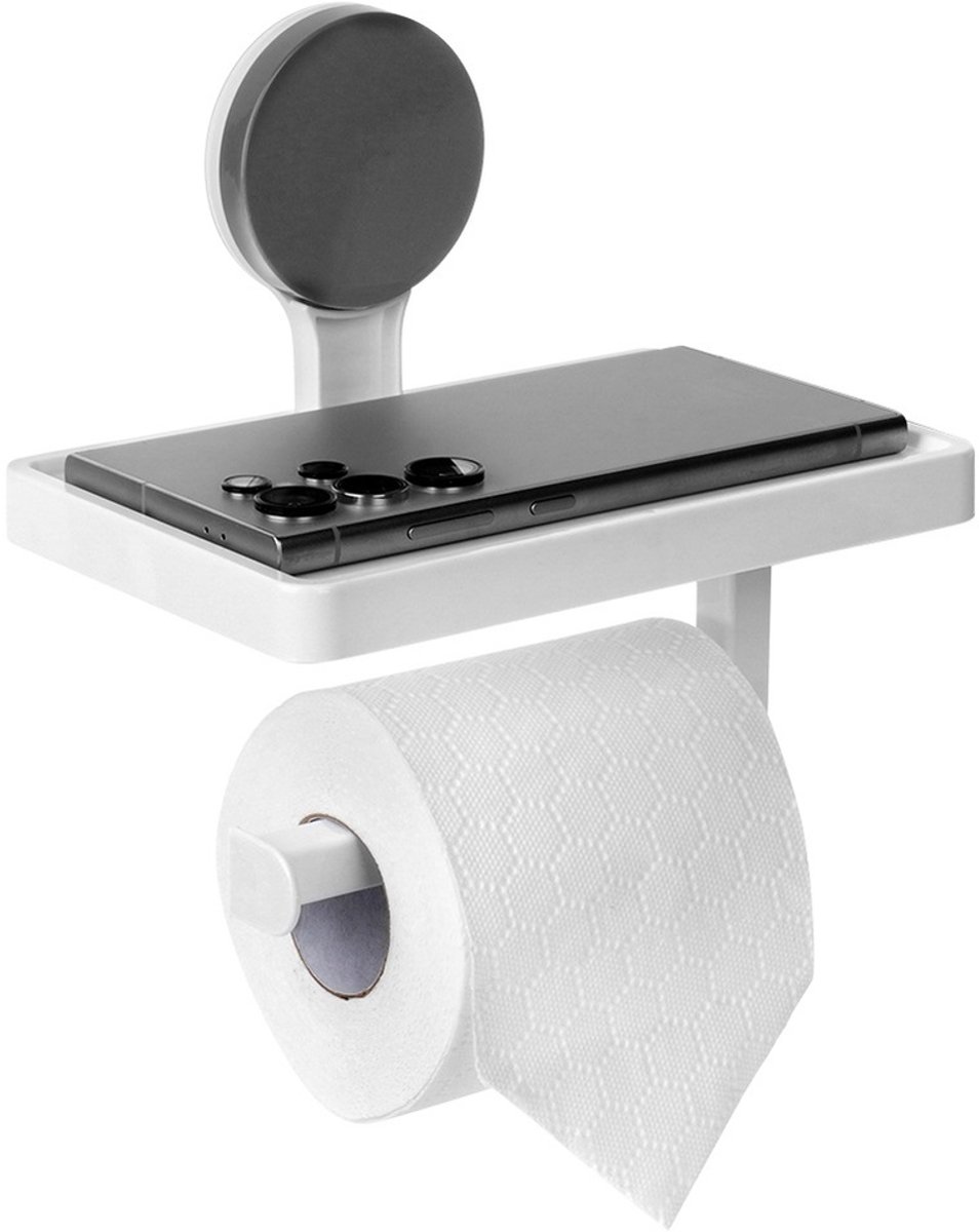 Bathroom Solutions - Toiletrolhouder met Plank - Witte Kunststof - Zuignapbevestiging - Klassiek Ontwerp