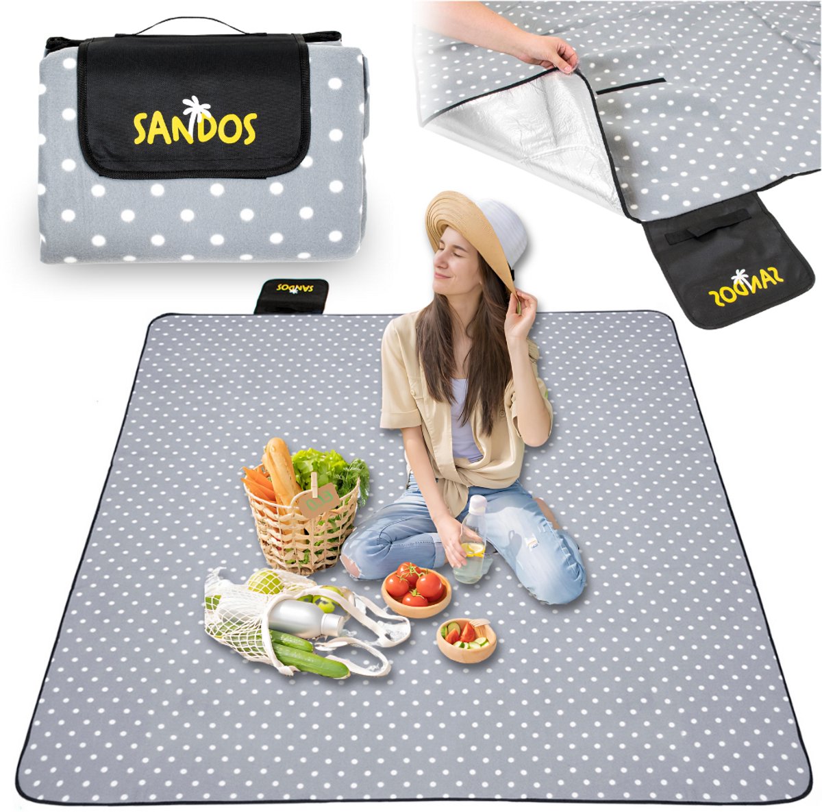 Sandos - Picknickkleed - Waterdicht - 200x200 cm - Grijs met Witte Stippen