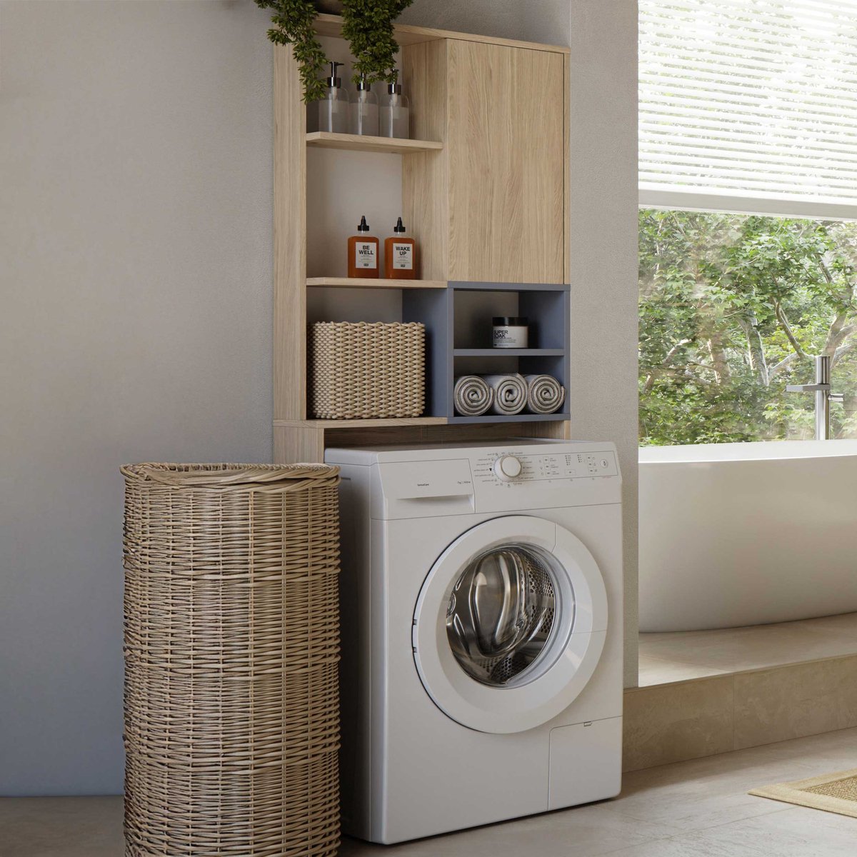 Wasmachinekast Kuba 4 Legplanken, 1 Draaideur-lichte Eik/celadon Grijs - Symbiosis - Wasmachine Ombouw - Bruin - Melamine; Spaanplaat