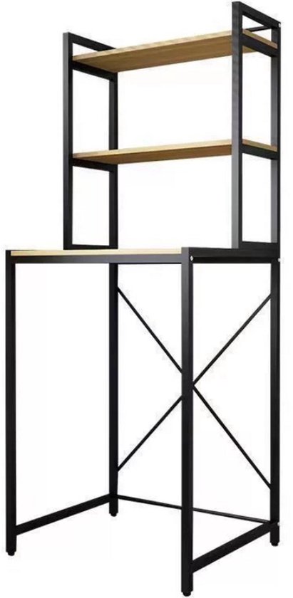 Zwart metalen wasmachinekast met drie houten legplanken en een X-vormige rugsteun.