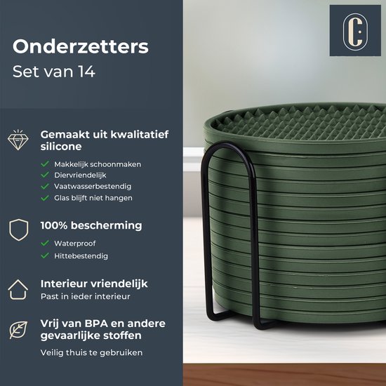 Sous-verres de Sous-verres en Siliconen Castagnola – Sous-verres de Verres Design avec support – Set de 14 – Antidérapants – Verts
