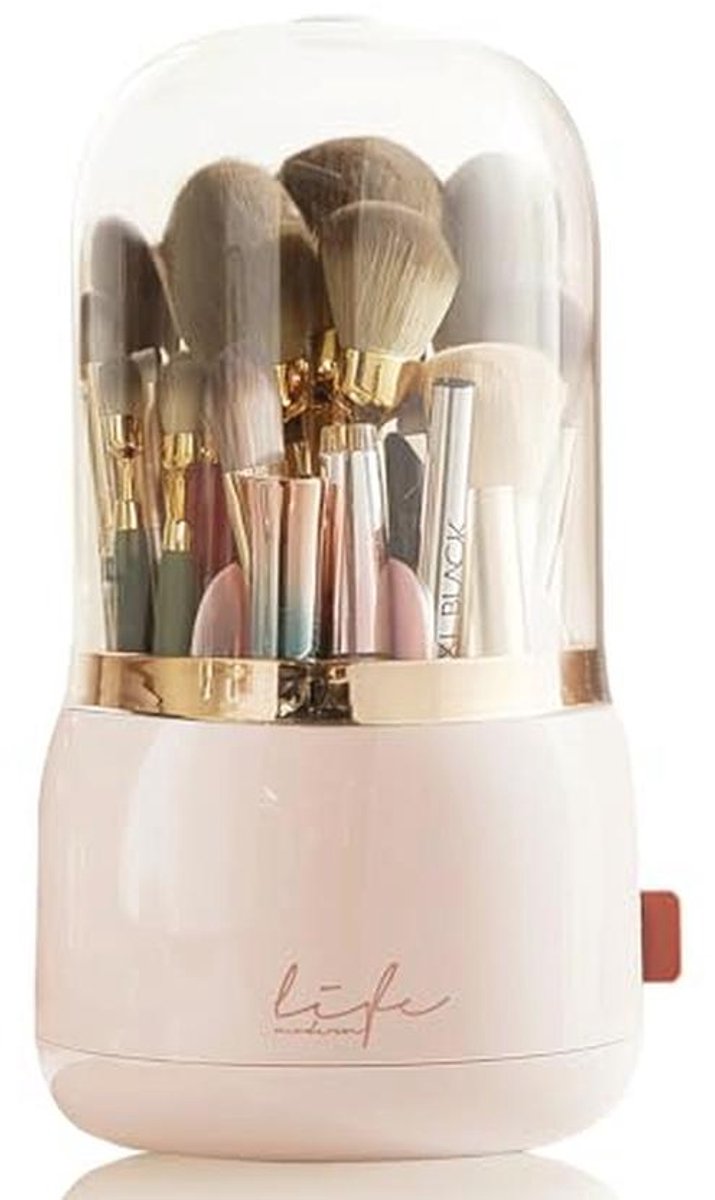 Roze Rotatie Make-up Borstelhouder Organizer met Deksel - Acryl Cosmetica Opslag Beker