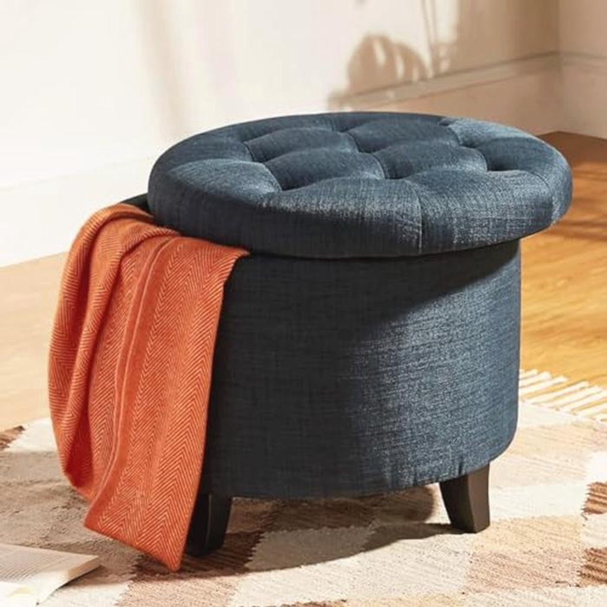 Houten Poef met Opbergruimte en Zachte Zitting - Ronde Kruk voor Woonkamer en Kinderkamer 51 x 51 x 43 cm